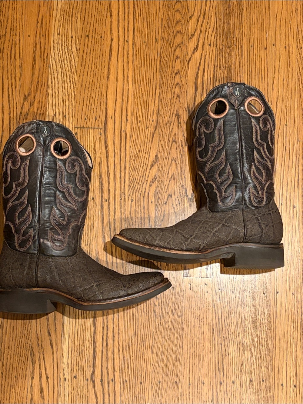 Men's Western Pull-On Cowboy Boots in Dark Brown with Embossed Shaft